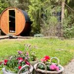Round wooden sauna with open door in greenery, foreground flower baskets on lawn.