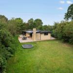 Modern villa with terrace, trampoline, and surrounding trees.