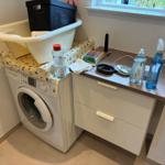 Washing machine with basin and worktop with cleaning supplies