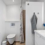 Bathroom with toilet, shower, and sink with mirror.