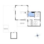 Apartment with three bedrooms, kitchen, and covered terrace.