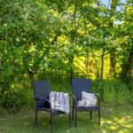 Two chairs with cushions and mugs are on the grass under trees.
