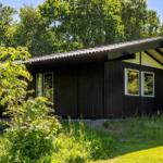 A wooden house with an overhang, surrounded by trees and grass.