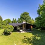 Modern villa with terrace, garden, and surrounding trees under blue sky.