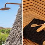 Outdoor shower with thatched roof and sauna with wooden bench and towels.