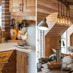 Kitchen with wooden cabinets and stone wall. Dining area with wooden table and pendant lamp.
