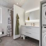 Bathroom with toilet, shower, sink, and washing machine.