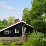 Black wooden house with white trim and terrace in the green