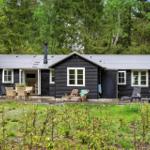 Schwarze Holzhütte mit Terrasse, Garten und Grillplatz im Wald.