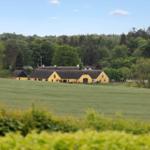 Yellow farmhouse with dark roof in green landscape