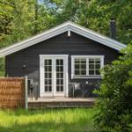Black wooden house with white window frames, surrounded by trees and grass.