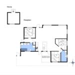 Apartment with two bedrooms, kitchen, and covered terrace. Hall leads to all rooms.