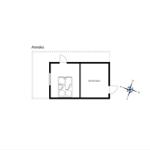 Annex with bedroom and shed area. Room dimensions and orientation marked.