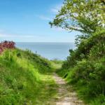 A path leads through green meadows to a view of the sea.