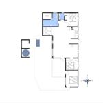 Functional floor plan with sauna, kitchen, and three bedrooms.