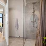 Shower with glass enclosure and rain showerhead. View into living room with sofa.