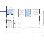 Apartment with three bedrooms, kitchen, and covered terrace.