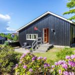 Black wooden house with terrace, blue sky, and blooming rhododendrons.