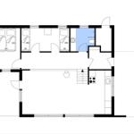 Apartment with three bedrooms, kitchen, and bathroom. Staircase and compass in the plan.