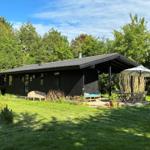 Black cabin with terrace, garden, and umbrella. Surrounded by trees and grass.