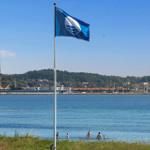 Flag flutters by the shore, people swim in the sea, harbor with ships in the background.