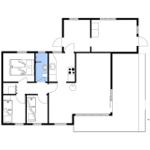 Wohnung mit Küche, Bad, Schlafzimmer und Wohnbereich. Raumübersicht mit Kompass.