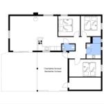 Apartment with three bedrooms, kitchen, and covered terrace.
