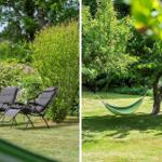 Garten mit zwei Liegestühlen und einem Hängematten unter Bäumen.