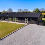 Moderne Villa mit großem Garten und Terrasse. Schwarze Fassade und Dach. Grasfläche und Kiesweg.