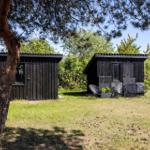 Two black wooden cabins with garden and seating under trees.