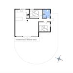 Apartment with kitchen, two bedrooms, bathroom, and covered terrace.