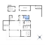 Funktionaler Grundriss mit drei Schlafzimmern, Küche, Bad und überdachter Terrasse.