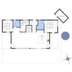 Wohnung mit drei Schlafzimmern, Küche und Bad. Außenbereich mit Garage.