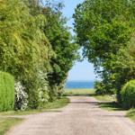 Ein gepflasterter Weg führt durch grüne Bäume zum Meer.