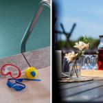 Pool mit Schwimmbrille und Ball. Tisch mit Blumen und Getränk.