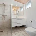 Bathroom with shower, sink and toilet. Wooden ceiling and window.