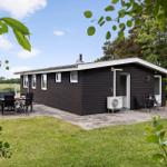 Black wooden house with terrace, garden, and seating. Background: green fields and trees.