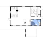 Apartment with two bedrooms, kitchen, and bathroom. Floor plan with compass.