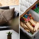 Schwarzes Sofa mit Kissen und Pflanze. Spielzeugboxen mit Bahn und Bausteinen.