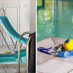 Indoorpool mit Rutsche und Schwimmzubehör an der Kante