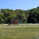 Kinderspielplatz mit Rutsche, Klettergerüst und Schaukel auf grünem Rasen.