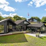 Modern wooden house with terrace and garden. Danish flag waving in the wind.