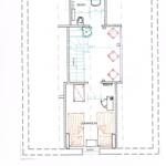 Dachgeschossplan mit zwei Schlafzimmern, Bad und Treppe.