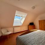 Schlafzimmer mit Dachschräge, Dachfenster, Bett, Kleiderschrank und Stuhl.