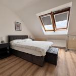 Schlafzimmer mit Dachschräge, Doppelfenster und Holzboden.