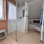 Badezimmer mit Dusche, Badewanne und Toilette. Fenster mit Jalousie und grauer Hocker.