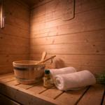 Sauna mit Holzbank, Eimer, Handtuch und Ölflasche.