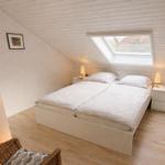 Schlafzimmer mit Doppelbett, Dachschrägen, Dachfenster und zwei Nachttischen.