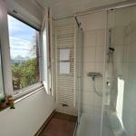 Badezimmer mit Dusche, Heizkörper und Fenster mit Blick auf Grünflächen.
