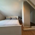 Schlafzimmer mit Dachschrägen, weißem Bett und Holzboden. Grüne Pflanze an der Wand.